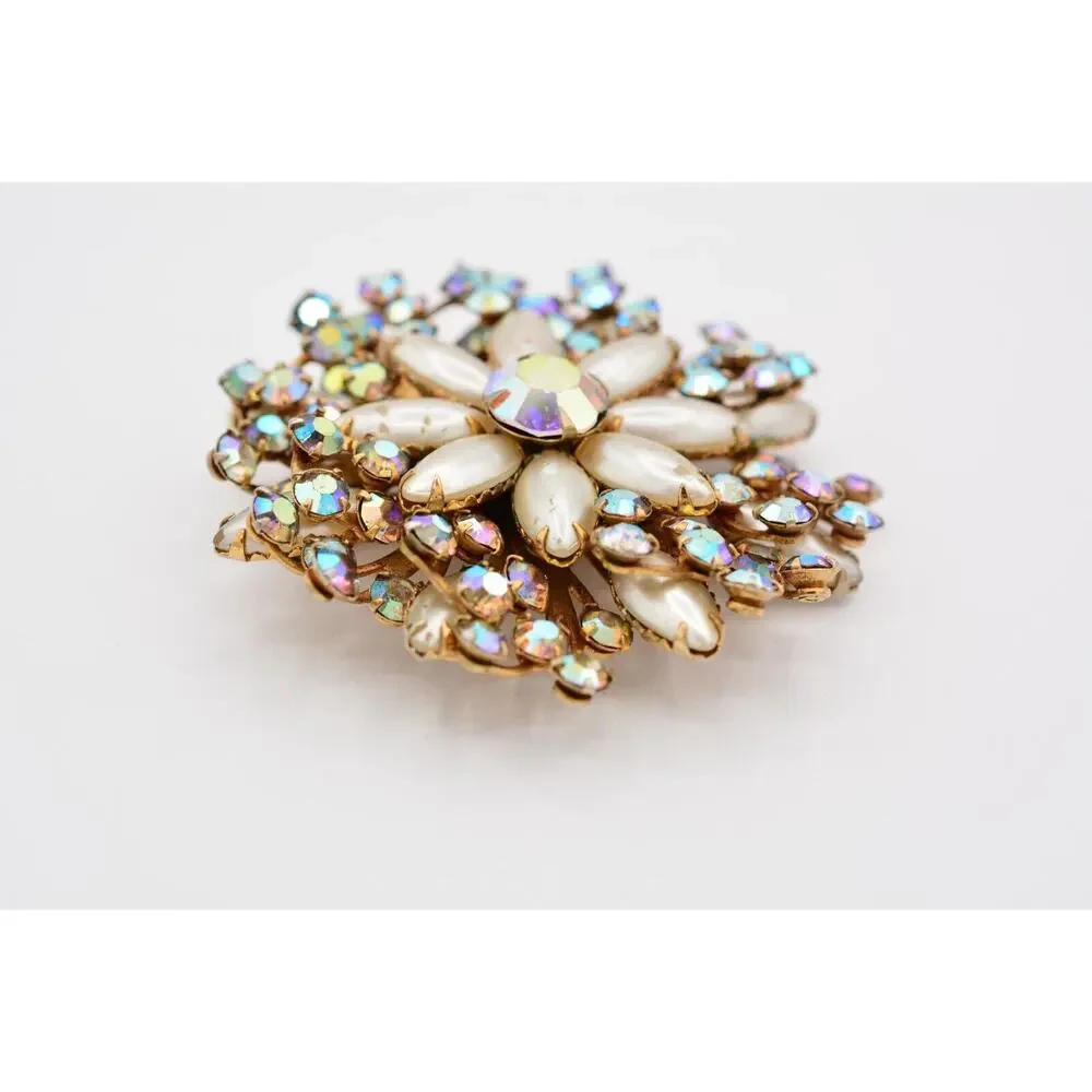 Vintage Crystal Flower Pin Brooch Aurora Borealis Rhinestone Prong 1980s BinAT